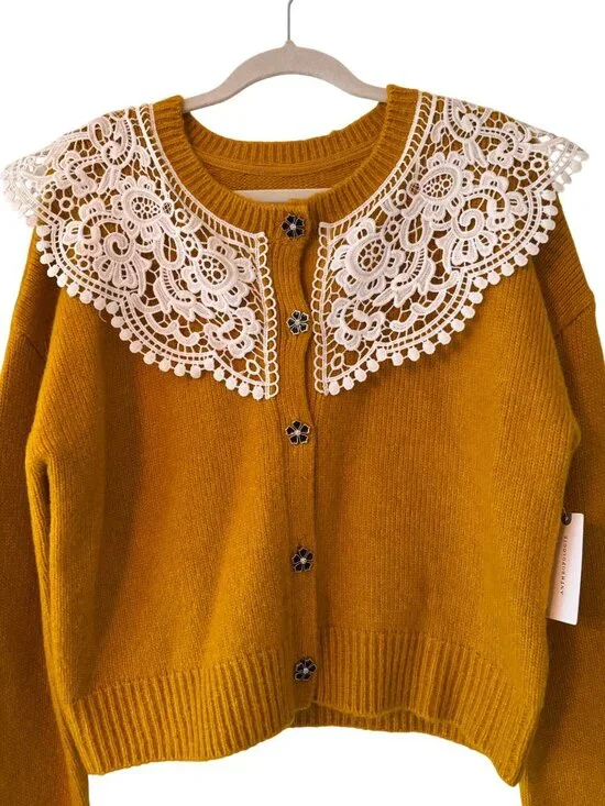 Maeve By Anthropologie Mustard Cardigan With Lace Collar Floral Buttons Size M - Picture 2 of 14